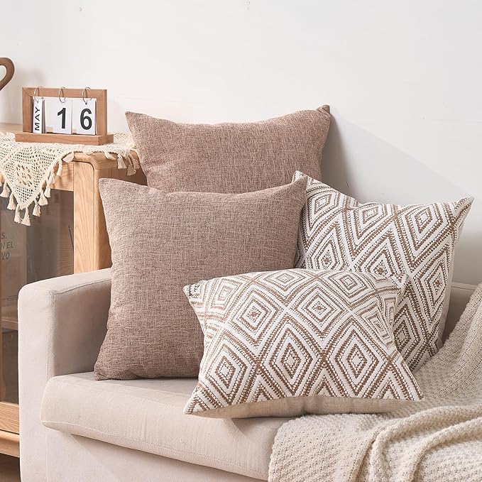 Dekorative Kissenbezüge, 4er-Set, geometrisches Design, Leinen-Kissenbezug für Couch, Sofa, Wohnzimmer, 45,7 x 45,7 cm | Beige