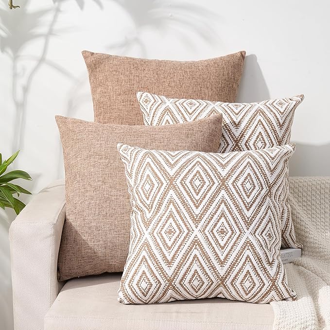 Dekorative Kissenbezüge, 4er-Set, geometrisches Design, Leinen-Kissenbezug für Couch, Sofa, Wohnzimmer, 45,7 x 45,7 cm | Beige