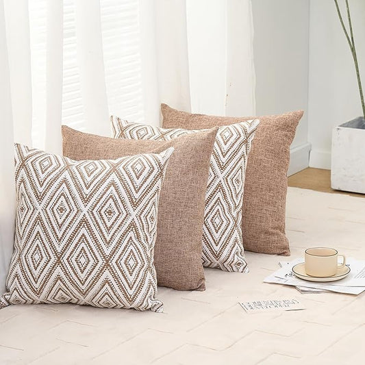 Dekorative Kissenbezüge, 4er-Set, geometrisches Design, Leinen-Kissenbezug für Couch, Sofa, Wohnzimmer, 45,7 x 45,7 cm | Beige