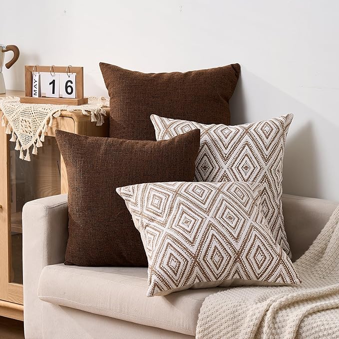 Dekorative Kissenbezüge, 4er-Set, geometrisches Design, Leinen-Kissenbezug für Couch, Sofa, Wohnzimmer, 45,7 x 45,7 cm | Brown